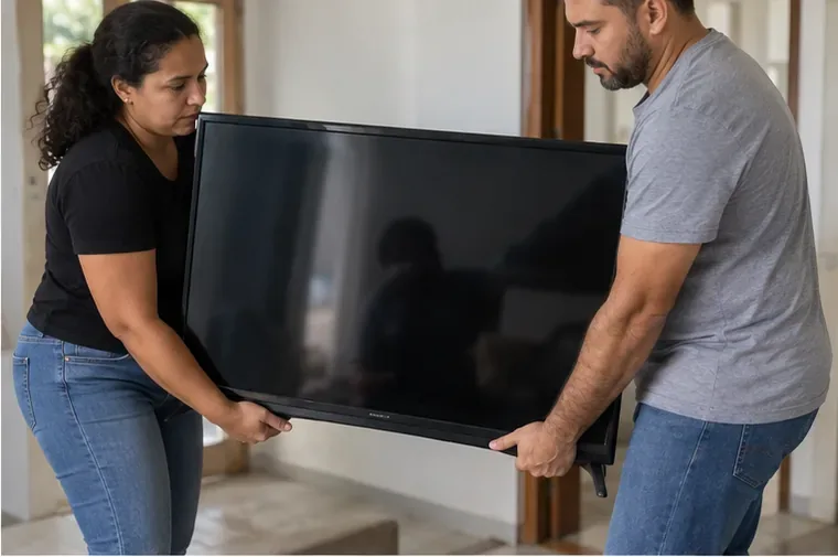 Duas pessoas carregando juntas uma televisão de tela plana dentro de casa
