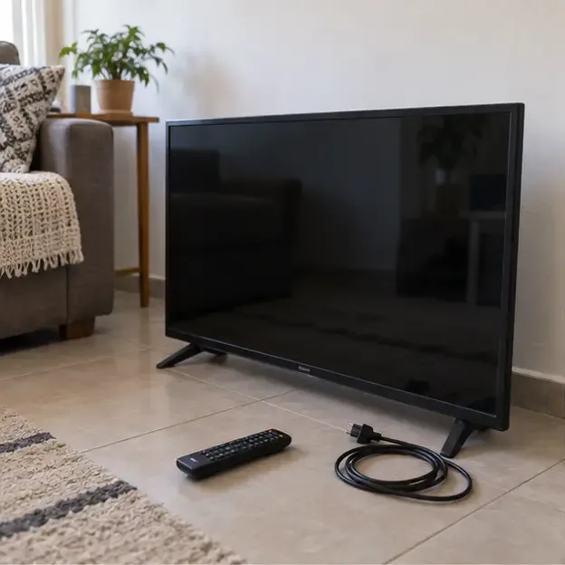 Televisão de tela plana desligada no chão de uma sala, com controle remoto e cabo de energia ao lado