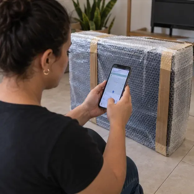 Pessoa consultando o celular ao lado de uma televisão protegida com plástico-bolha e papelão