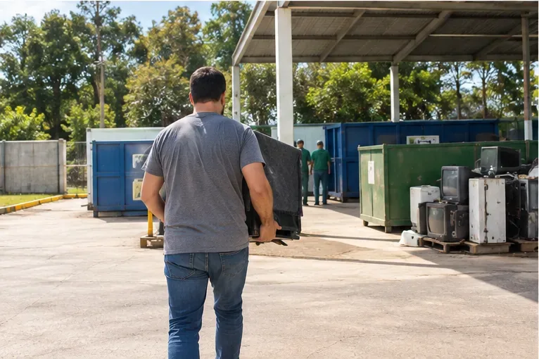 Pessoa carregando uma televisão em direção a uma área organizada de recebimento de resíduos