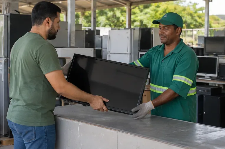 Pessoa entregando uma televisão a um trabalhador em área de recebimento de equipamentos eletrônicos