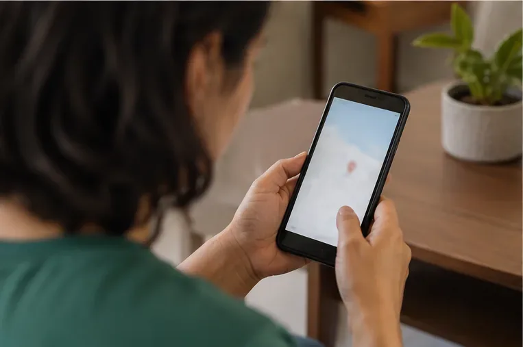 Pessoa usando um celular para localizar um ponto de recebimento antes de transportar a televisão