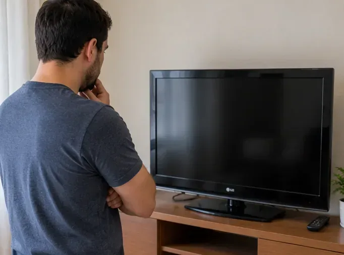 Homem observa uma televisão de tela plana em um móvel antes de decidir como descartá-la em Uberlândia