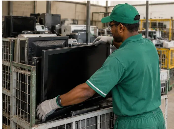 Trabalhador organiza televisões usadas e outros equipamentos em área de triagem de resíduos eletrônicos