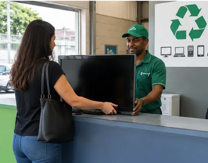 Pessoa entrega uma televisão em um balcão de recebimento de eletrônicos para reciclagem