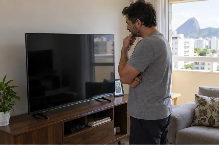 Homem observando uma televisão de tela plana em uma sala antes de decidir o destino do aparelho