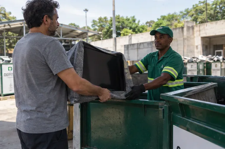 Morador entregando uma televisão protegida a um trabalhador em um ponto de recebimento de eletrônicos