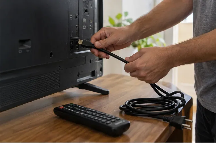 Pessoa desconectando os cabos da parte traseira de uma televisão antes do transporte