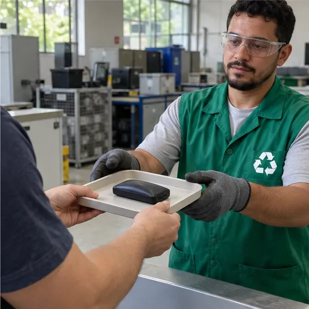 Funcionário com luvas recebe cuidadosamente um power bank sobre uma bandeja rígida em uma área de triagem de eletrônicos.