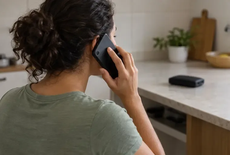 Uma pessoa consulta o suporte por telefone enquanto o power bank estufado permanece sobre a bancada, sem cabo conectado.