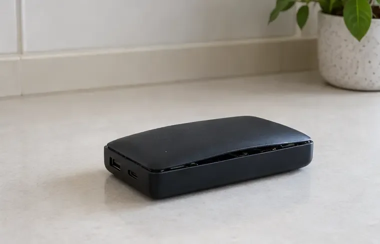Um power bank com a carcaça levantada está sem cabo e sem outros objetos encostados, sobre uma bancada clara.