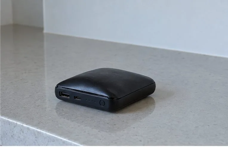 Power bank estufado isolado sobre uma superfície seca, sem objetos inflamáveis ao redor.