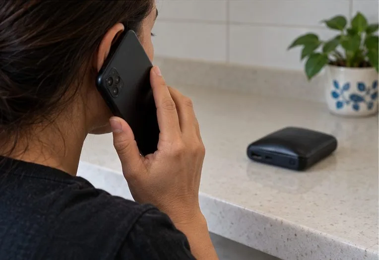 Pessoa telefonando para um serviço de coleta enquanto o power bank permanece sem ser tocado.
