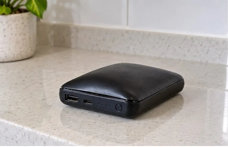 Power bank estufado e desconectado sobre uma bancada limpa.