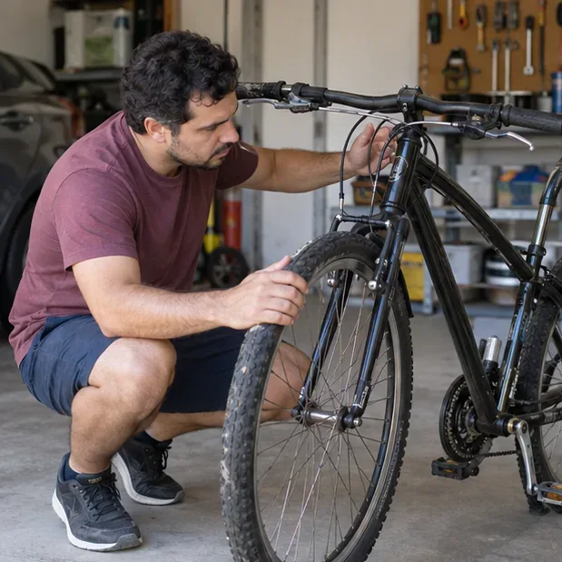 Pessoa examinando o quadro, a roda e os freios de uma bicicleta usada em uma garagem