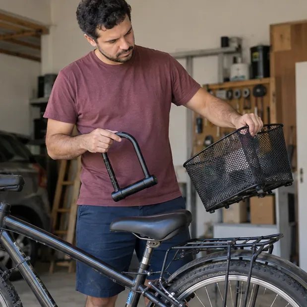 Mãos retirando um cadeado e uma cesta removível do guidão de uma bicicleta antes do transporte