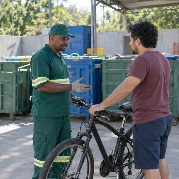 Morador conversando com um funcionário em um ponto de recebimento de resíduos, com uma bicicleta ao lado