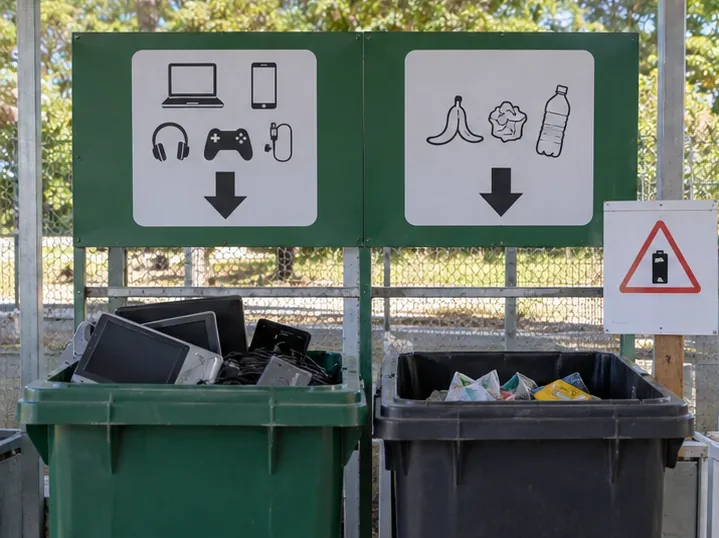 Estação de triagem com recipientes separados para eletrônicos e resíduos comuns