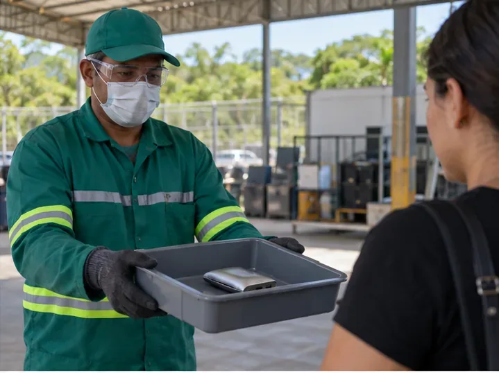Profissional de resíduos recebendo uma power bank em uma bandeja de manuseio