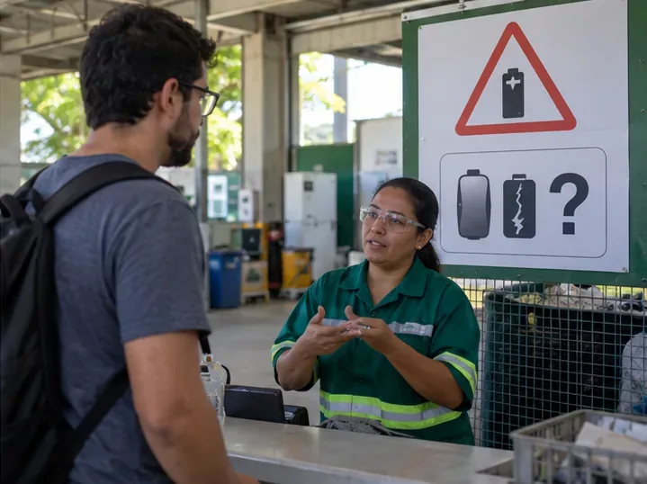 Morador conversando com trabalhadora de uma unidade de recebimento sobre uma bateria danificada