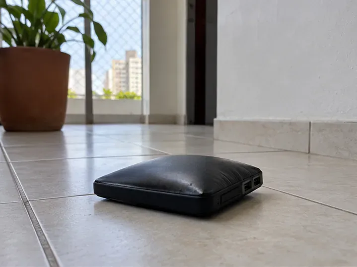 Power bank preto com a carcaça visivelmente estufada sobre um piso cerâmico