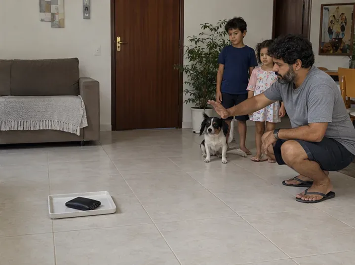Adulto mantendo crianças e cachorro afastados de uma power bank isolada no piso