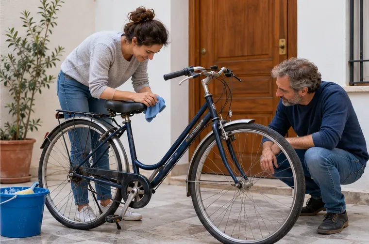 Dos adultos limpian e inspeccionan una bicicleta azul en la entrada de una vivienda