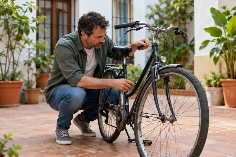 Un hombre revisa el cuadro, los frenos y las ruedas de una bicicleta usada en un patio