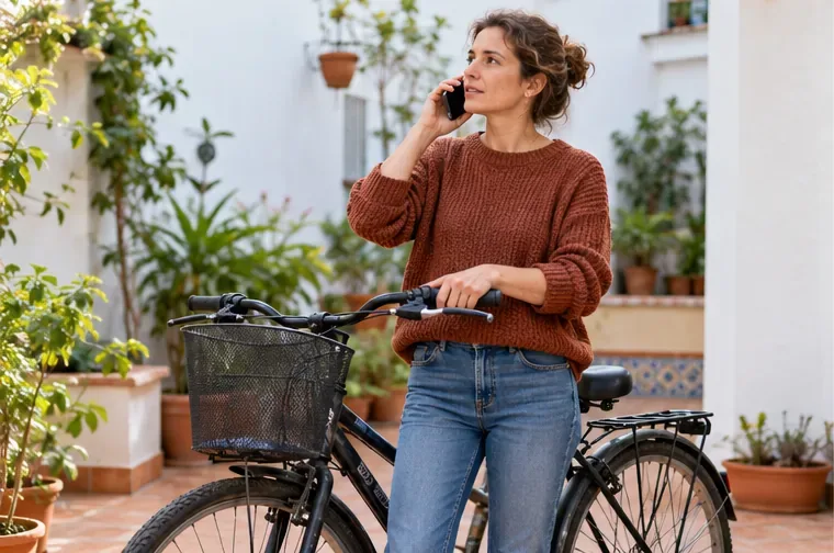 Una mujer habla por teléfono junto a una bicicleta en un patio residencial