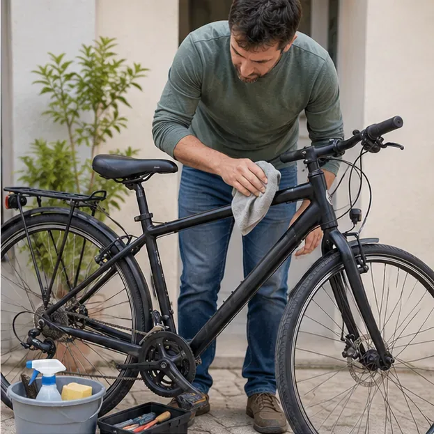 Persona limpiando con un paño una bicicleta negra junto a un cubo y herramientas