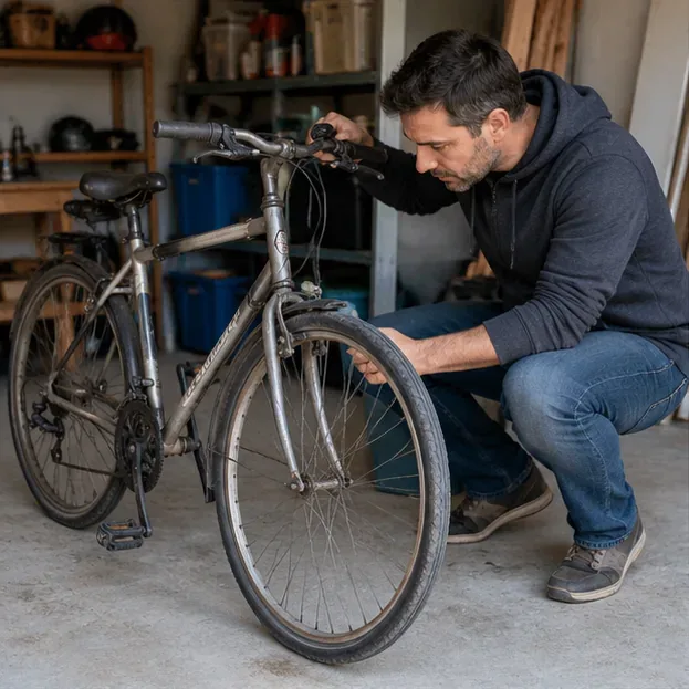 Persona revisando la rueda delantera y los componentes de una bicicleta usada en un garaje