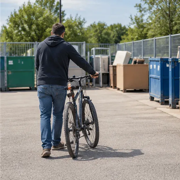 Persona llevando a pie una bicicleta usada por una zona de contenedores de un centro de reciclaje