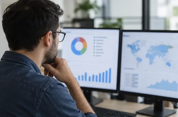Analista de marketing compara fuentes de tráfico en dos monitores con gráficos generales y un mapa