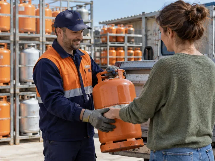 Un trabajador de un almacén de distribución recibe una bombona de una clienta.
