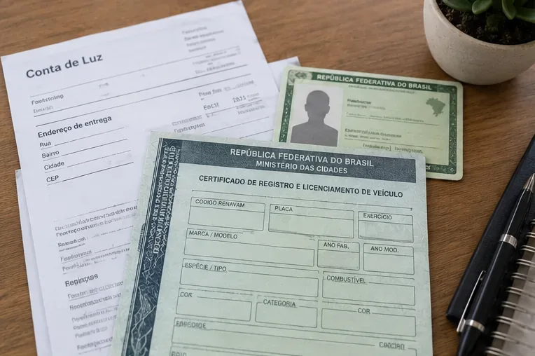 Documentos do veículo, documento de identificação e conta de consumo com endereço reunidos sobre uma mesa