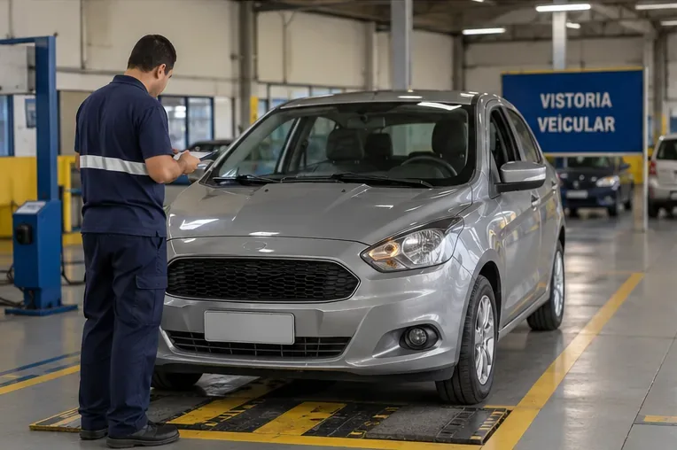 Veículo em uma área de vistoria enquanto um profissional confere informações em uma prancheta