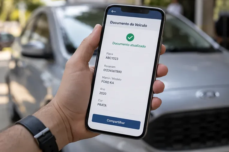 Mão segurando celular com uma tela ilustrativa de documento do veículo atualizado ao lado de um carro