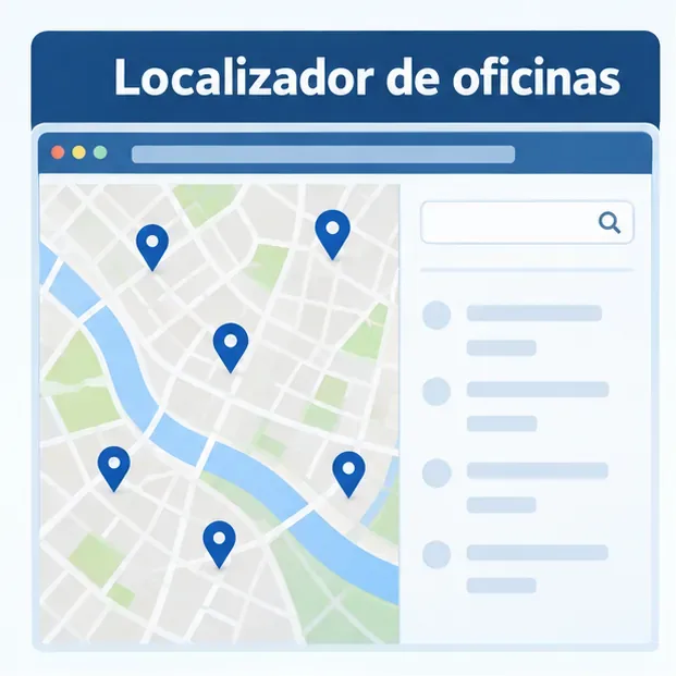 Mapa esquemático con marcadores que representa un localizador de oficinas de acreditación