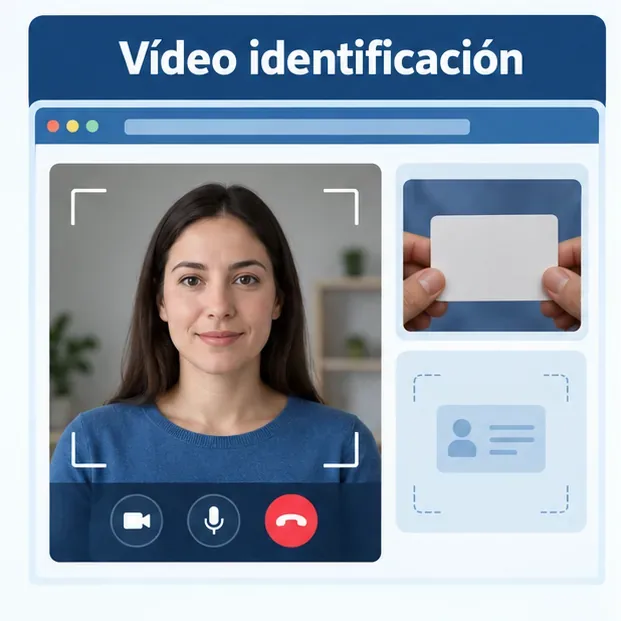 Ventana esquemática de videollamada con una persona y un documento en blanco frente a la cámara
