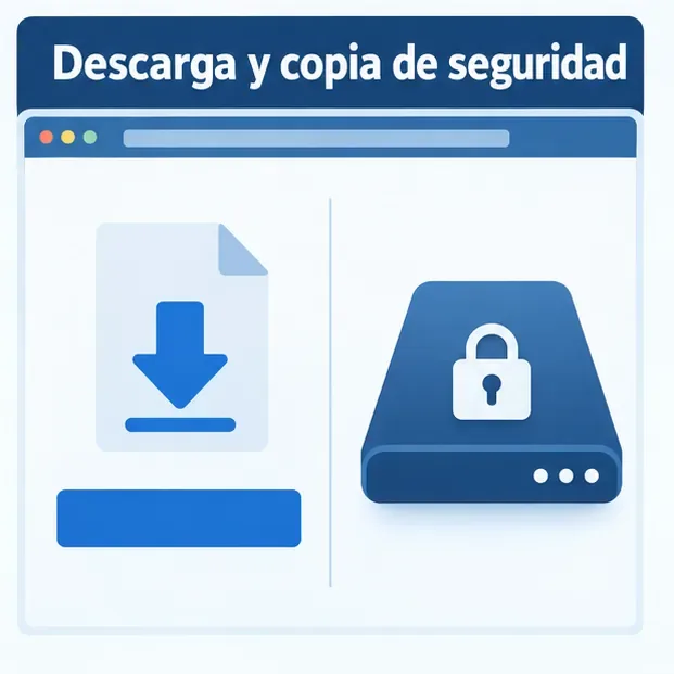 Icono de descarga de un archivo junto a un dispositivo de almacenamiento protegido con un candado