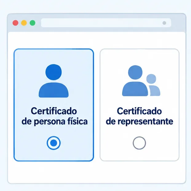 Pantalla esquemática con las opciones Certificado de persona física y Certificado de representante, con la primera seleccionada