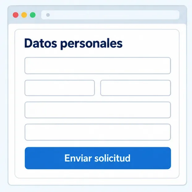 Formulario esquemático de datos personales con el botón Enviar solicitud
