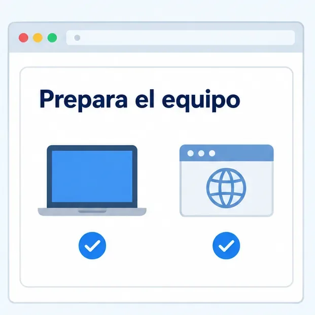 Esquema con un ordenador y una ventana de navegador bajo el título Prepara el equipo