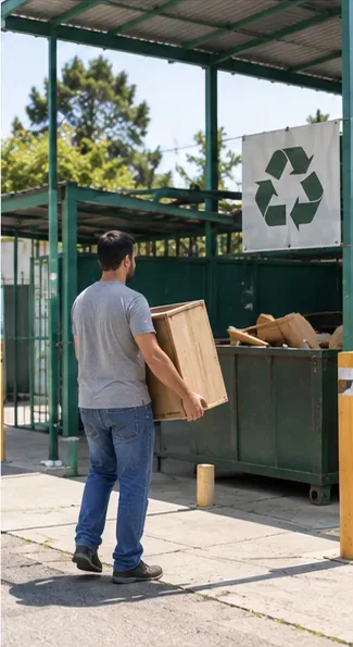 Pessoa levando uma peça de madeira de móvel a uma área de recebimento e reciclagem