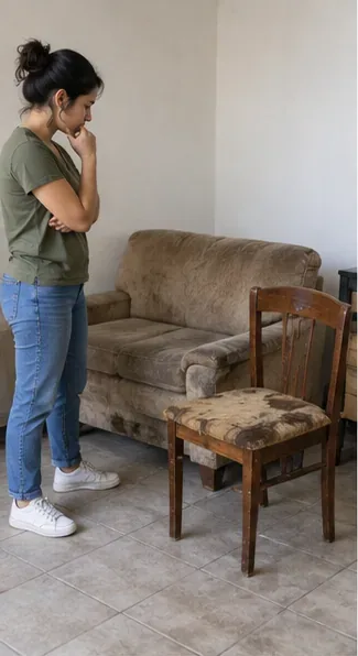 Pessoa avaliando um sofá e uma cadeira antigos dentro de casa antes de decidir como descartá-los