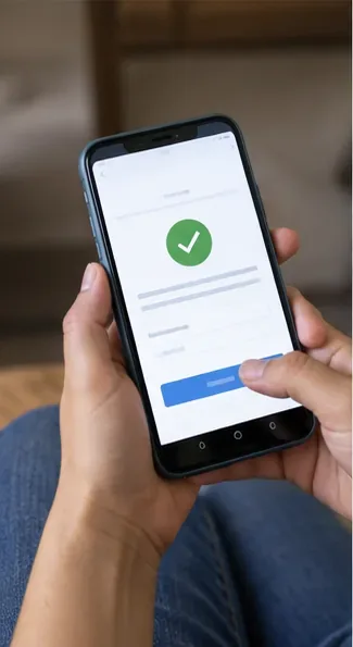 Mão segurando celular com confirmação visual genérica de uma solicitação concluída