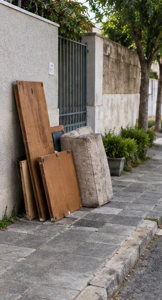 Partes de móveis e almofadas organizadas junto ao limite de um imóvel sem ocupar toda a calçada