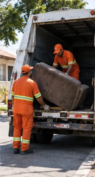 Equipe de limpeza urbana carregando um sofá velho para dentro de um caminhão de coleta