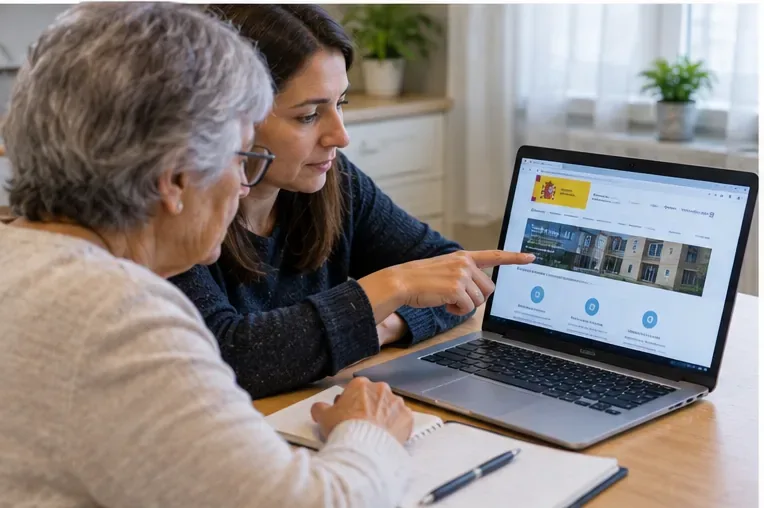 Mujer mayor recibiendo ayuda de otra persona para consultar información administrativa oficial desde un ordenador portátil