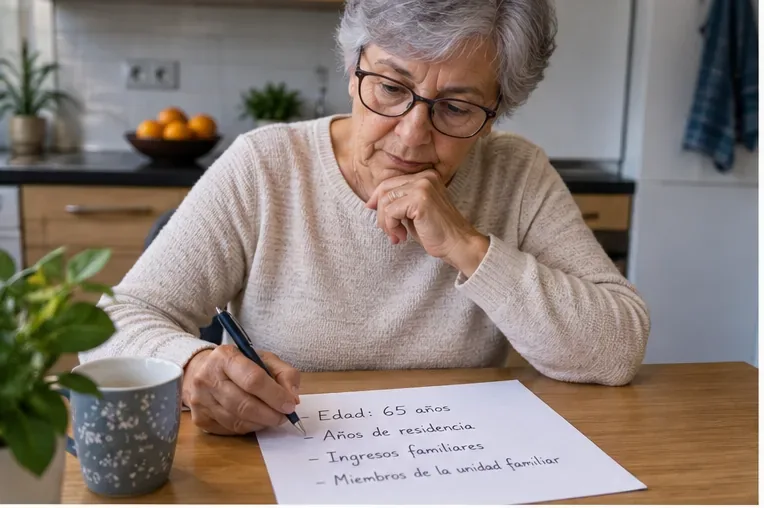 Mujer mayor revisando en una mesa una lista escrita con edad, años de residencia, ingresos familiares y miembros de la unidad familiar